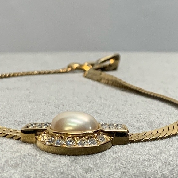 GOLD tone chain faux pearl clear crystal rhinestone oval necklace - Picture 7 of 10